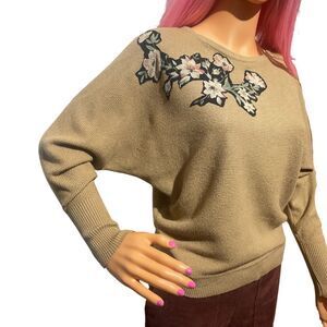 Tahari Floral Applique Upcycled Sweater Dolman Sleeves Medium